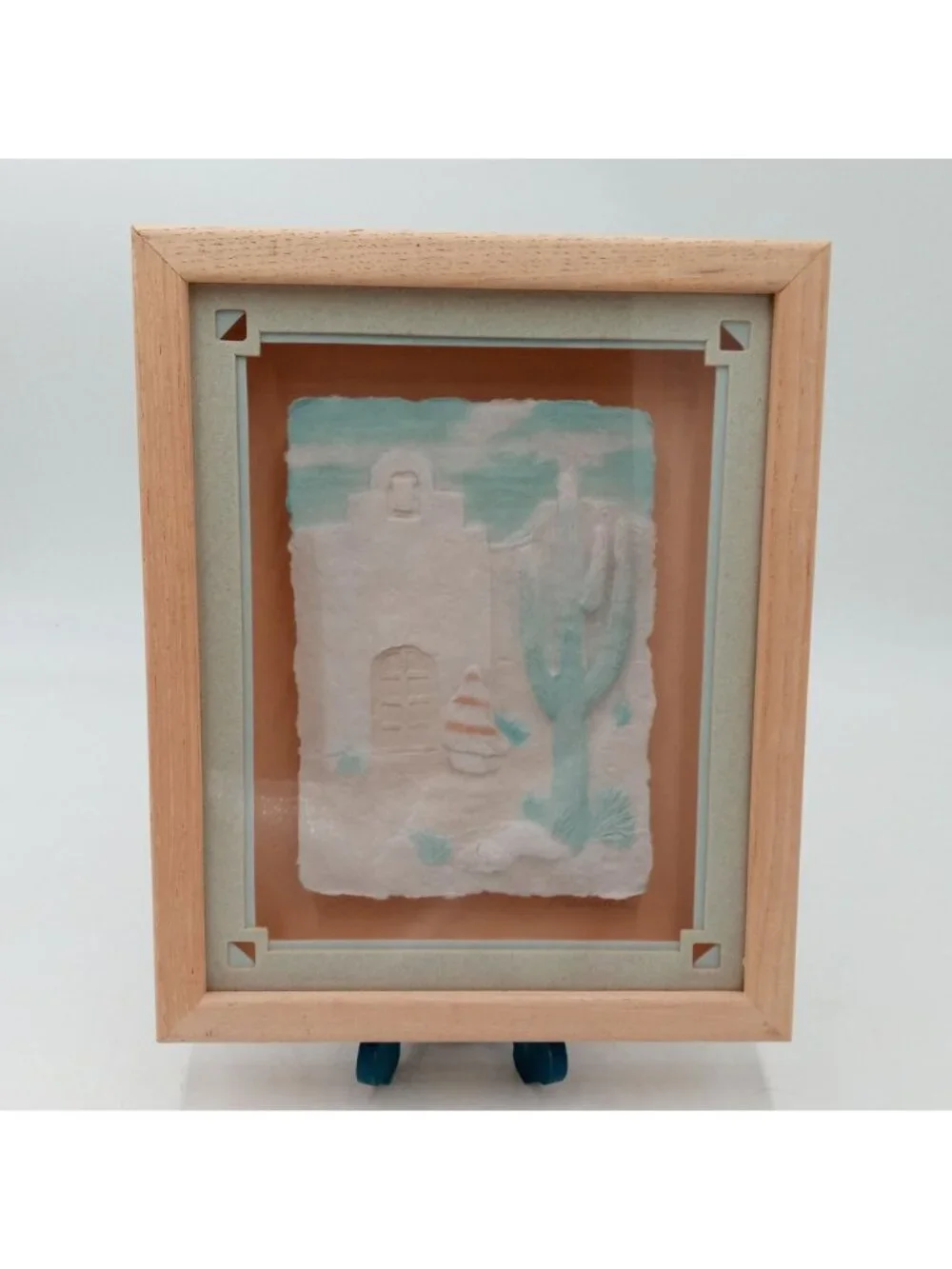 Vintage Southwest Cactus Wall Art Paper Mache Cast Framed Sculpture 1980s Pastel
